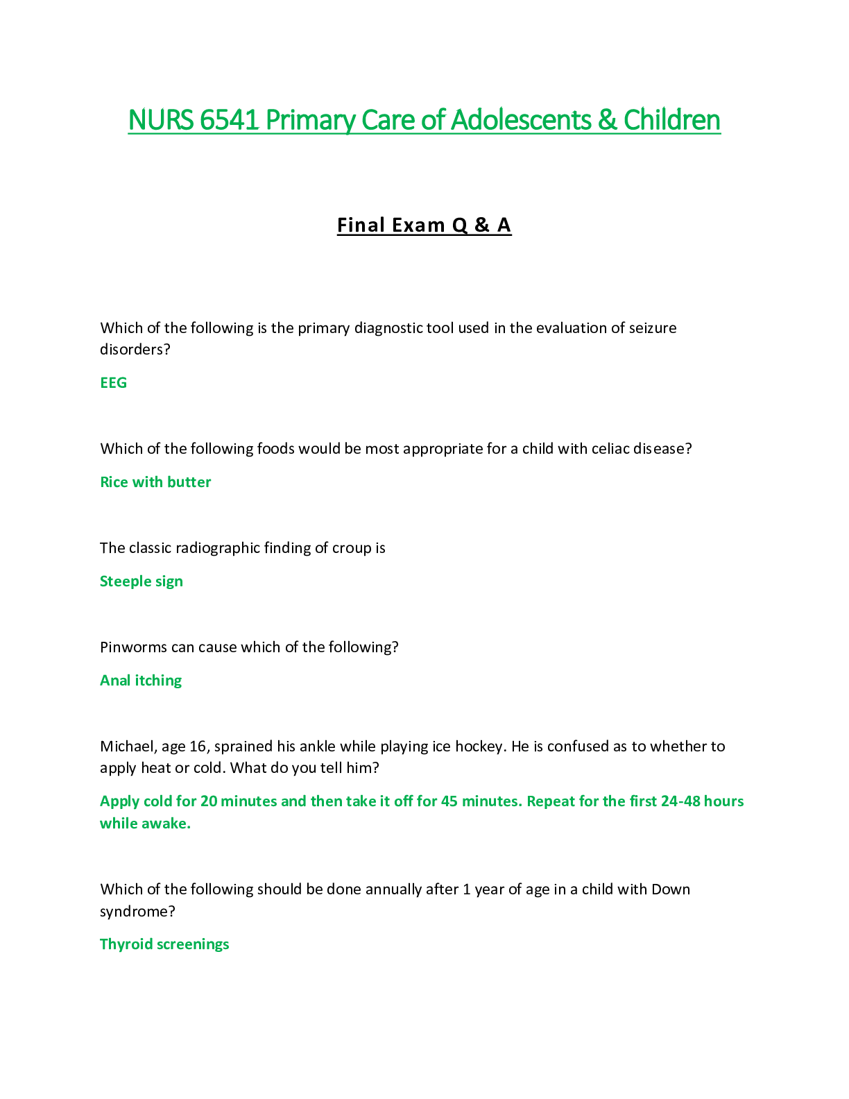 Preview of NURS6541 / NURS 6541: Final Exam Q & A: (Latest) Primary Care of Adolescents & Children -
